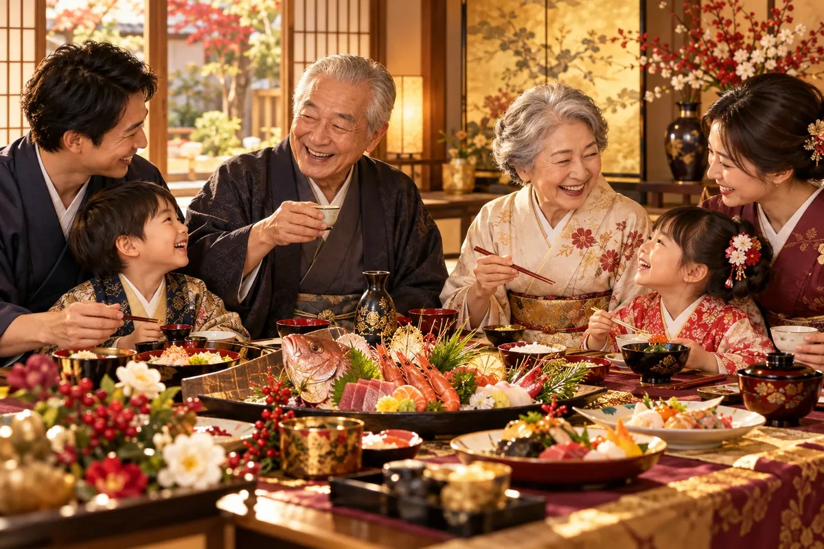 家族と食卓を囲み、笑顔で過ごす祖父母のイラスト