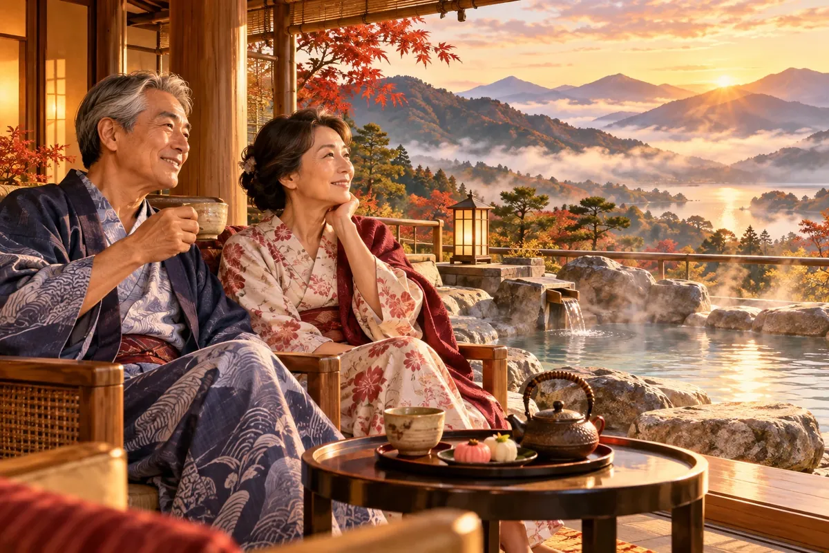 景色の美しい温泉旅館でくつろぐ夫婦のイラスト